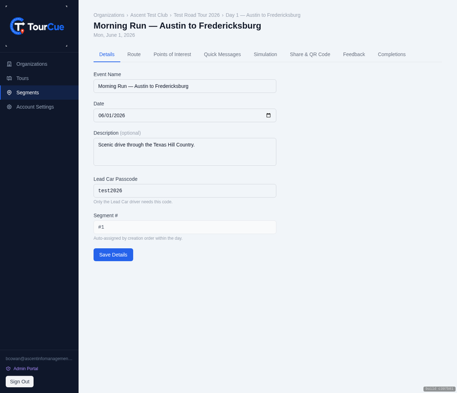 TourCue segment details and tabs